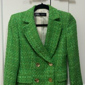 Zara Bright Green Tweed Double-Breasted Blazer